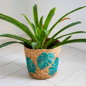 Beachly Handwoven Natural Seagrass Planter Basket with Teal Leaf Embroidery